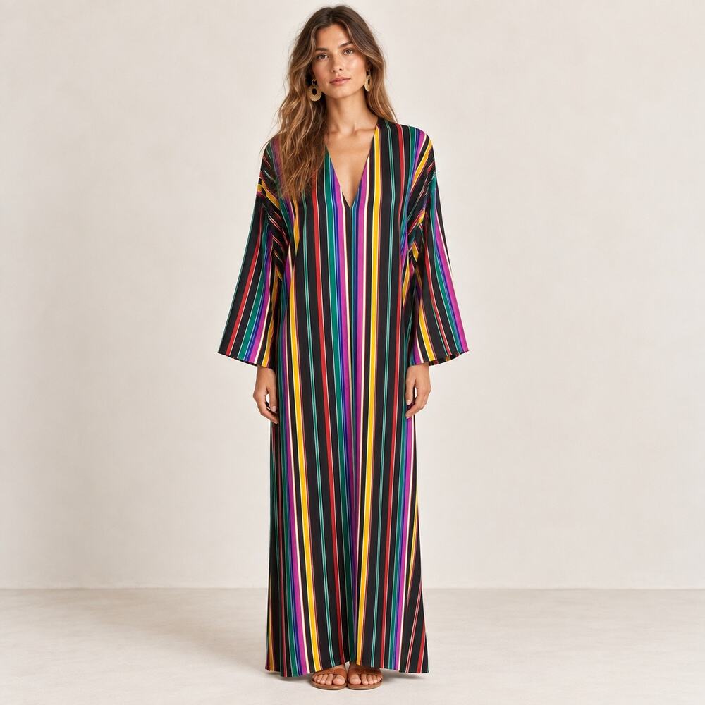 Vintage Handmade Striped Kaftan Maxi Dress Boho One of a Kind M/L